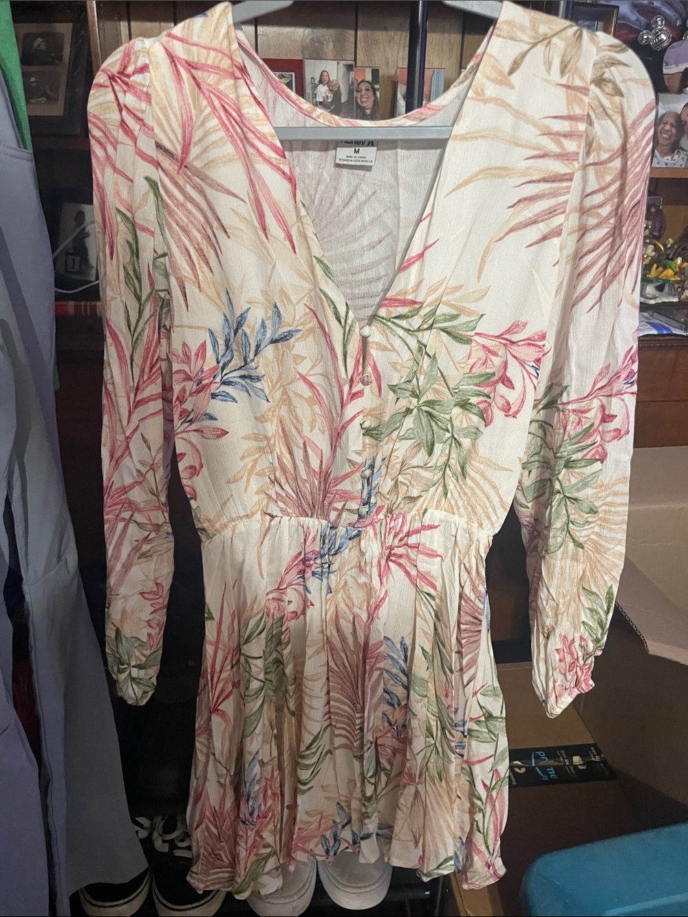 Hurley Cream Floral Long Sleeve V-Neck Dress